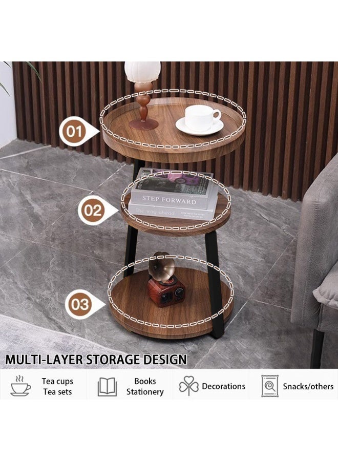 شويوين طاولة جانبية مستديرة بثلاثة أرفف (ارتفاع 60 سم) - سطح خشبي وإطار معدني مع حافة مانعة للانزلاق، طاولة قهوة صغيرة لغرفة المعيشة أو غرفة النوم أو الشرفة - Image 4